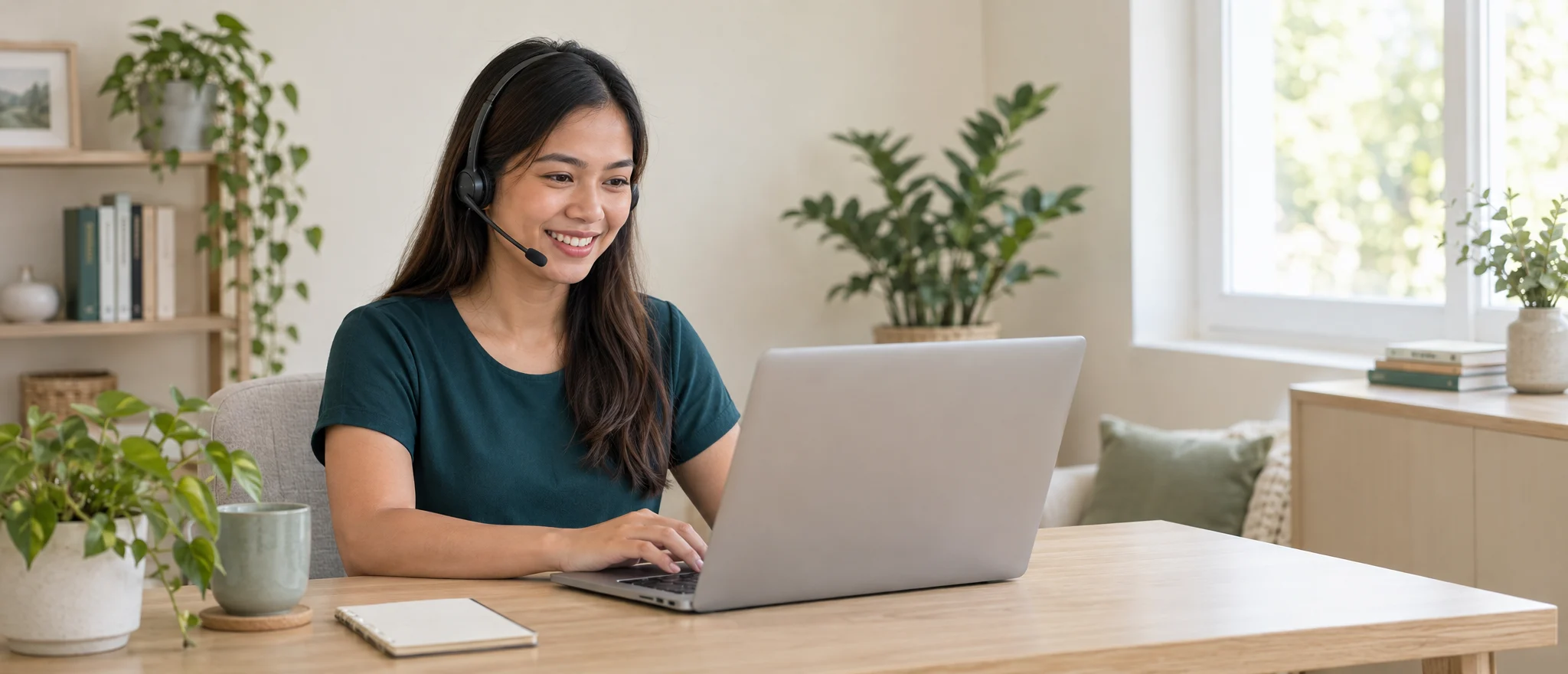Well Placed receptionist wearing headset on video call in bright office