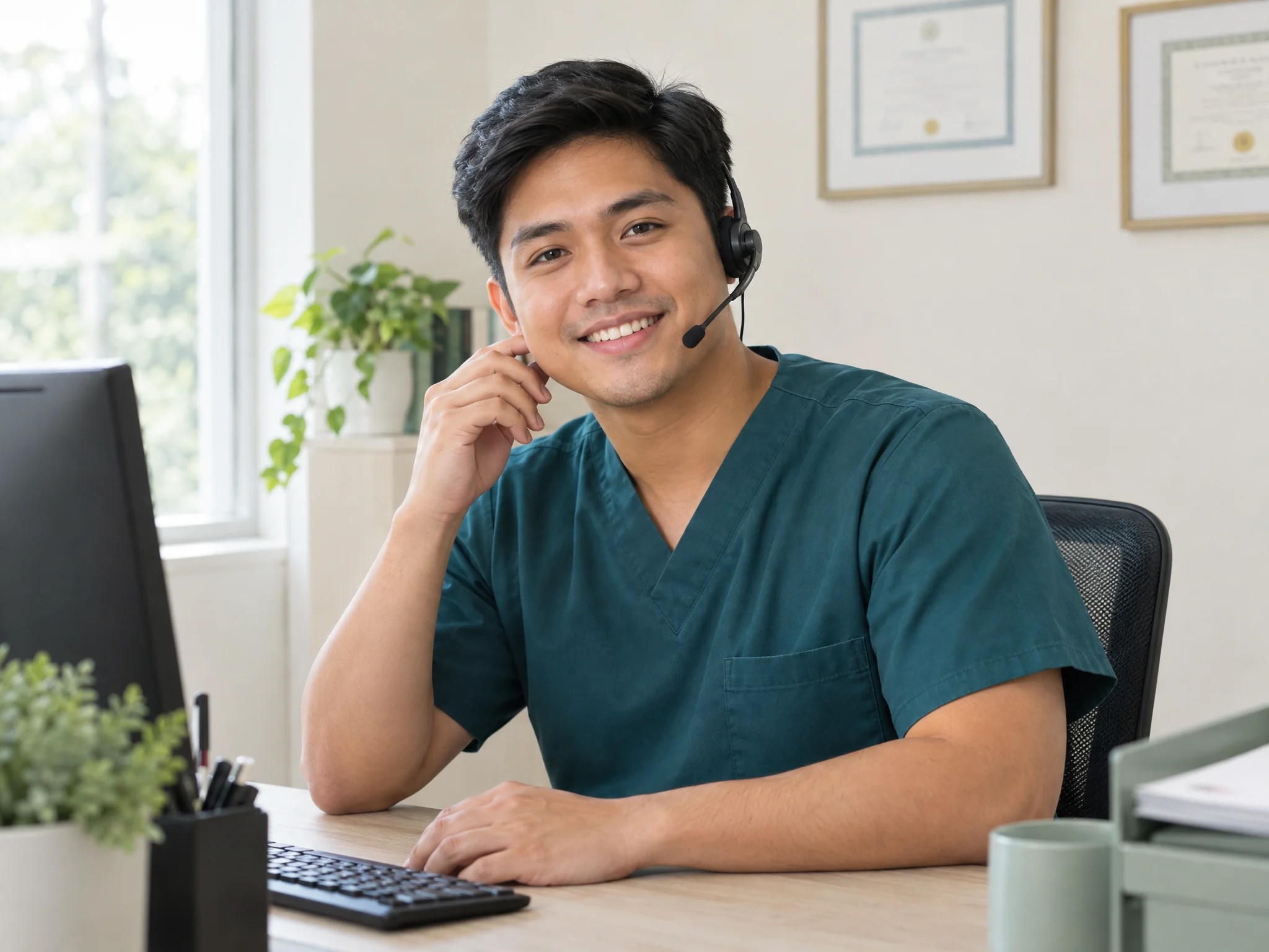 A Well Placed receptionist wearing a headset smiles at his desk